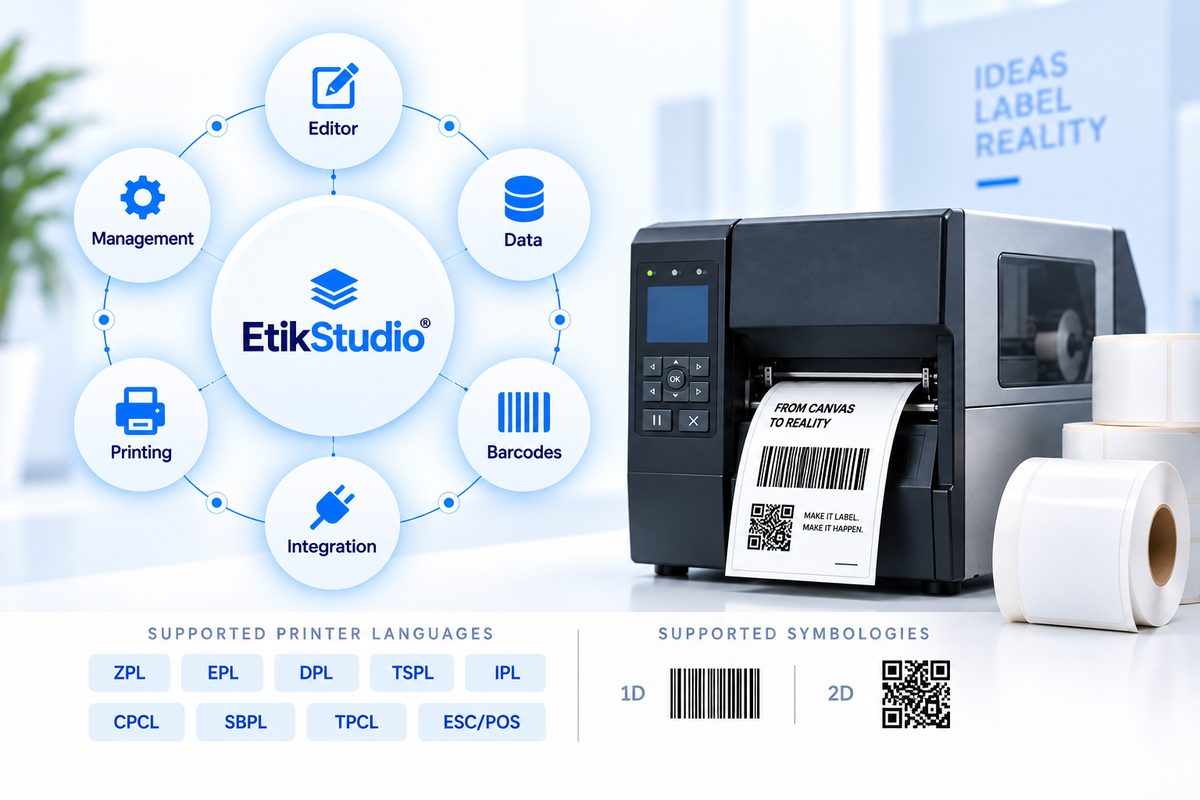 EtikStudio — editor, data, barcodes, integration, printing and management; supported printer languages and symbologies