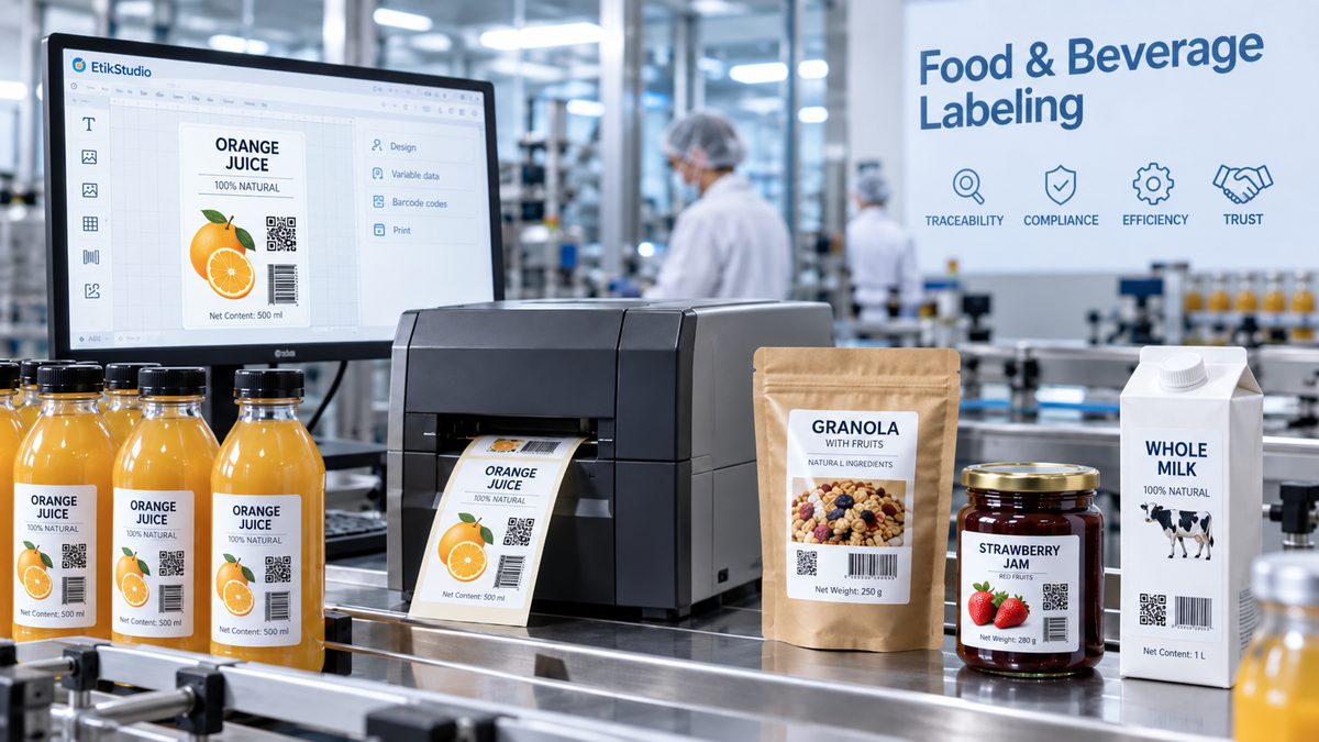 EtikStudio food and beverage labeling: juice, granola, jam and milk labels printed on a thermal printer