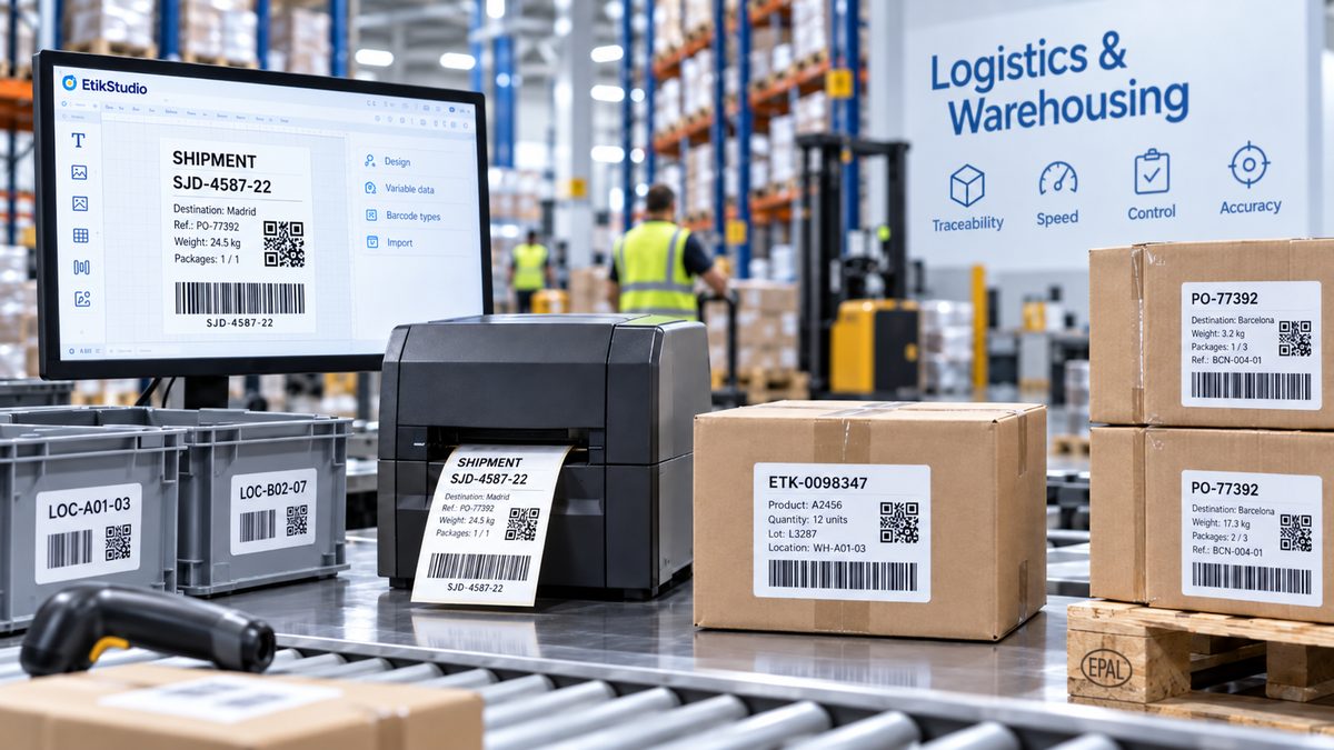 EtikStudio logistics and warehousing labeling: shipment, pallet and location labels on a warehouse line