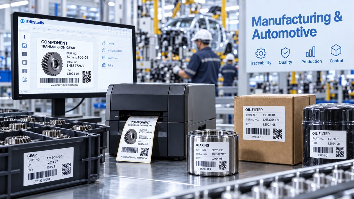 EtikStudio manufacturing and automotive labeling: component, part number and lot labels on a production line