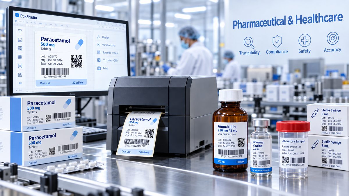 EtikStudio pharmaceutical and healthcare labeling: medication, vaccine and laboratory sample labels with GS1 codes