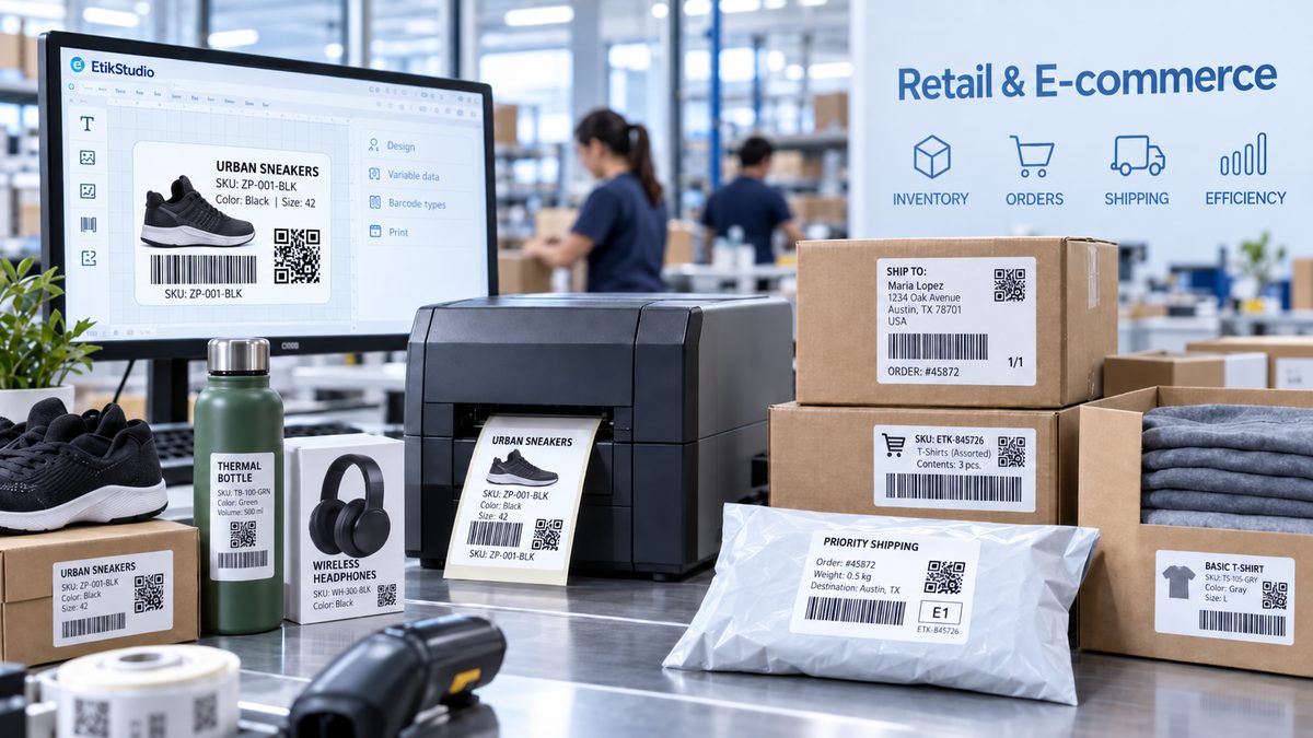 EtikStudio retail and e-commerce labeling: product, SKU and shipping labels for online orders