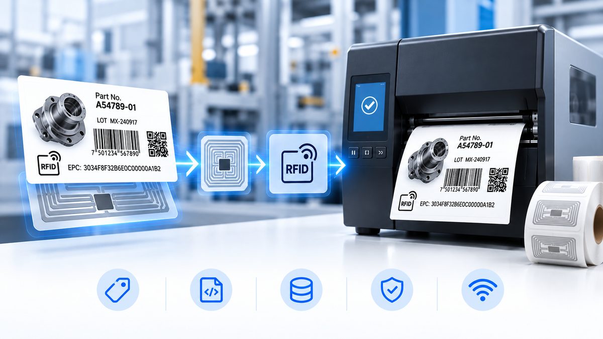 RFID label flow: design with EPC, inlay, RFID printer encoding and printing in one pass